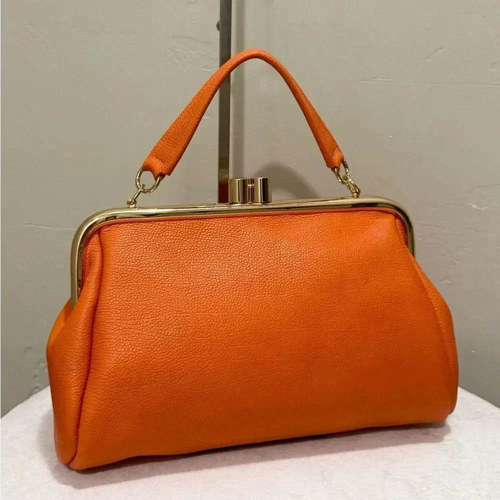 Orange Premium Pebble Cowhide Handmade Large Kiss Lock Handbag/ Multi Use Style